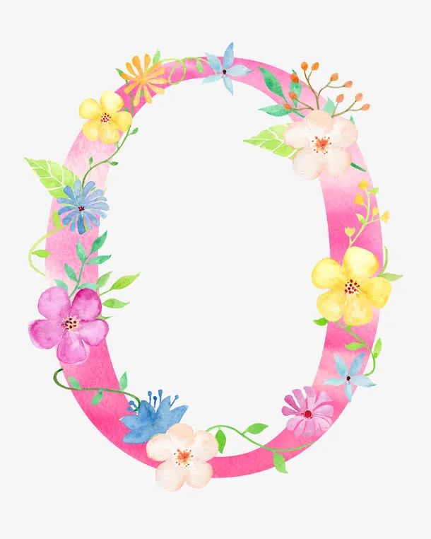 水彩效果渐变花卉图案纹理英文字母O免抠