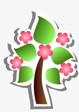 桃花绿叶卡通贴纸免抠