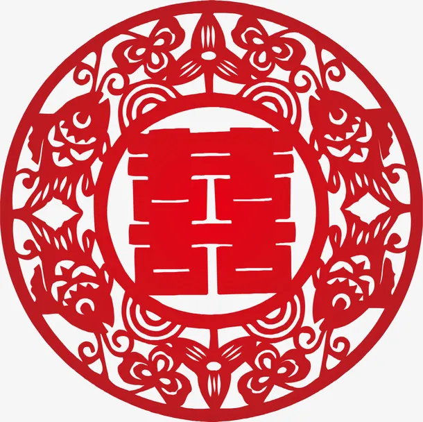 红色中国风双喜剪纸免抠