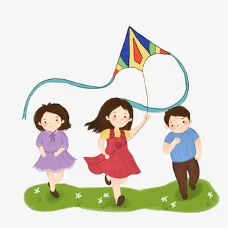 手绘 小孩 玩耍 走路 放风筝免抠