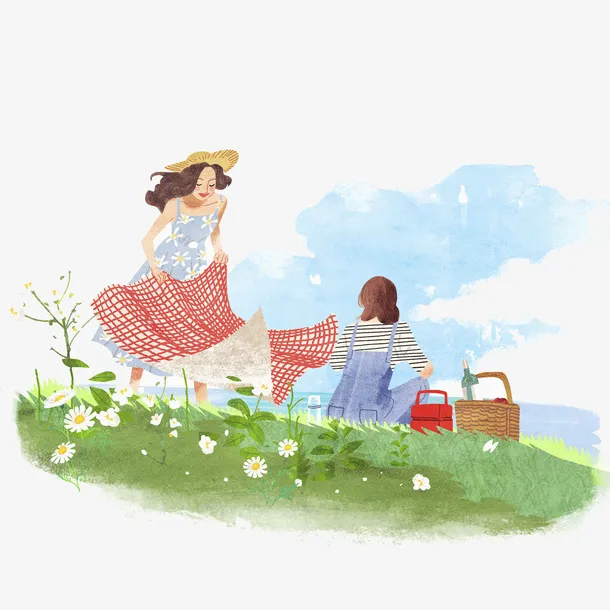 春游野餐手绘插画免抠