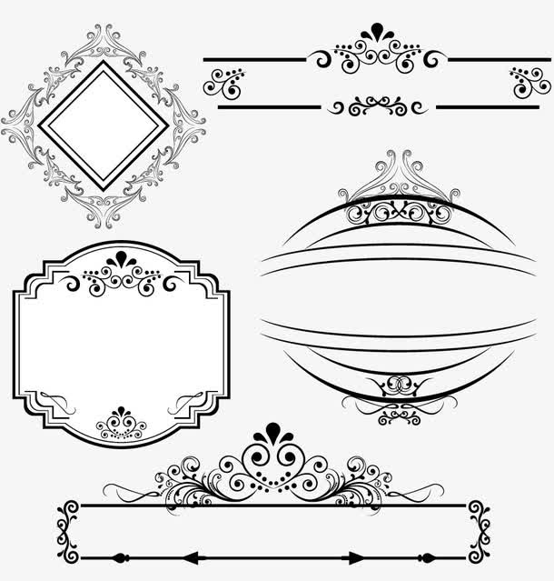 五种欧式黑白色边框花边免抠
