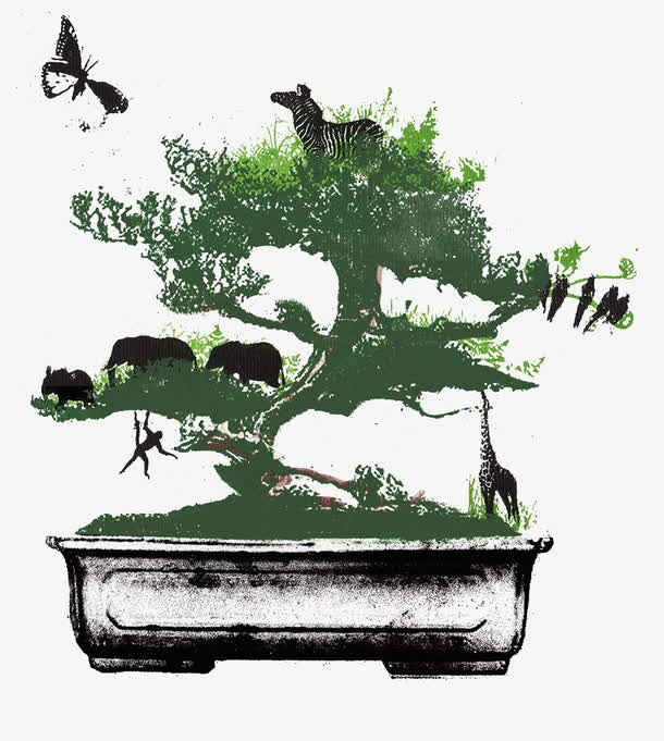 手绘绿色盆景免抠