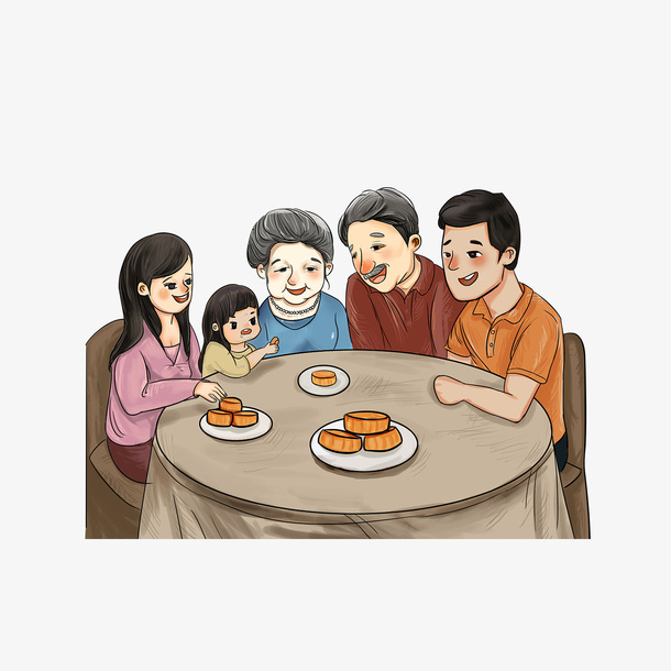 卡通中秋团圆的一家人素材免抠