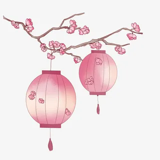 粉色树枝灯笼免抠