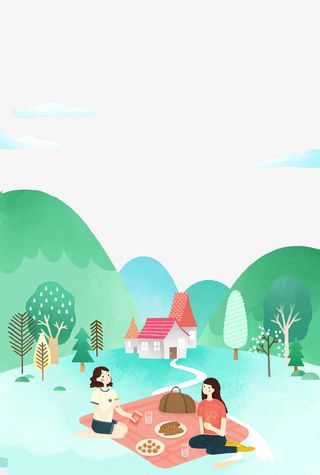 绿色手绘春季草地山脉插画免抠