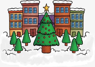 手绘雪地上的圣诞小镇免抠