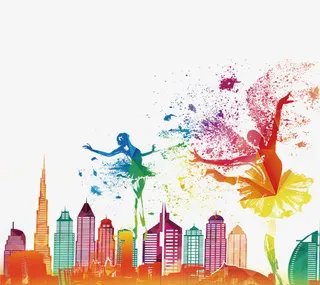 彩绘创意水墨城市现代舞蹈插画免抠