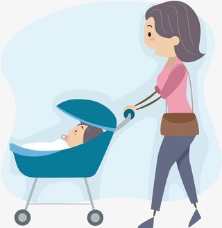 推着婴儿车出行的年轻妈妈手绘P免抠