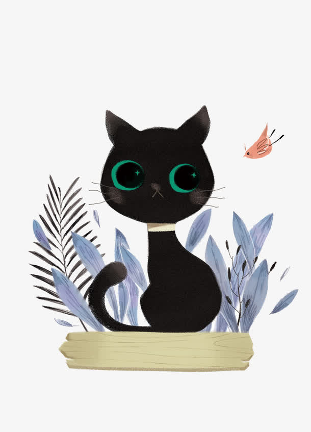 手绘黑色猫咪小鸟免抠