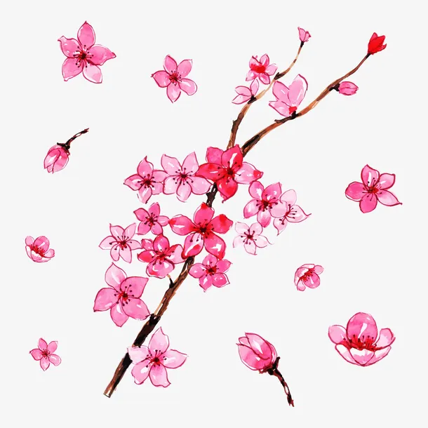 春天玫红色手绘桃花免抠