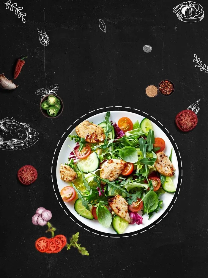健康食品黑色手绘美食沙拉菜谱海报背景模板高清
