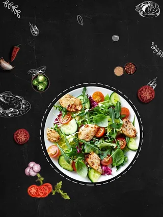 健康食品黑色手绘美食沙拉菜谱海报背景模板高清