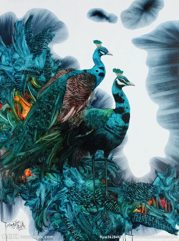 蓝孔雀开屏荷叶合成效果免抠