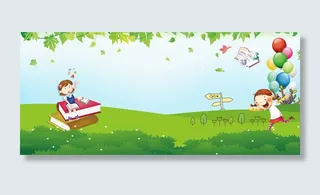 春天幼儿亲子游卡通景色绿banner高清