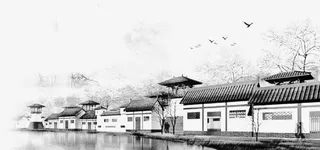 水墨古建筑免抠