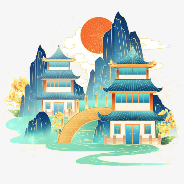 国潮风落日与建筑免抠
