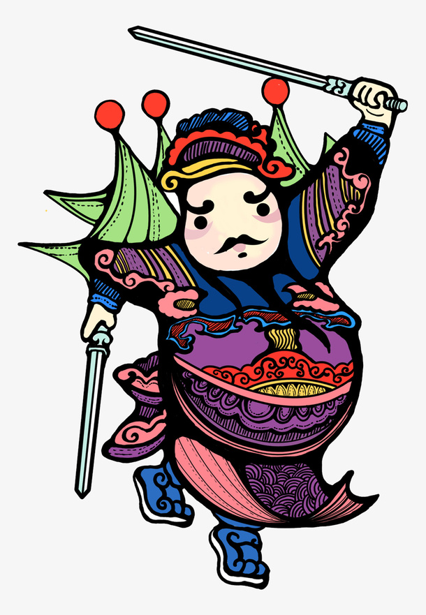 中国风卡通春守门神装饰图案免抠