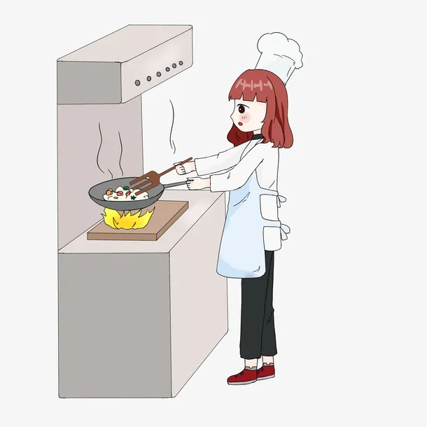 烹饪女厨师炒菜插画磕免抠