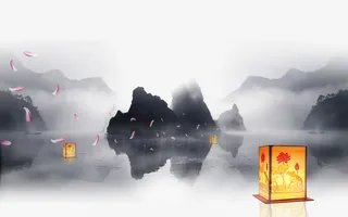 飘在山水间的游灯免抠