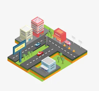手绘卡通等距城市建筑插画免抠