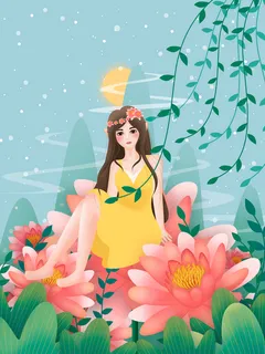 手绘春天花朵柳条人物背景图高清