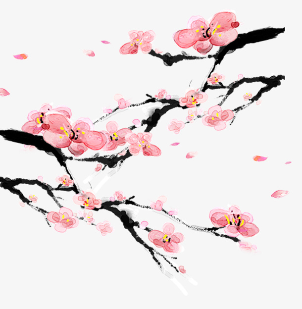 手绘装饰桃花花枝素材免抠