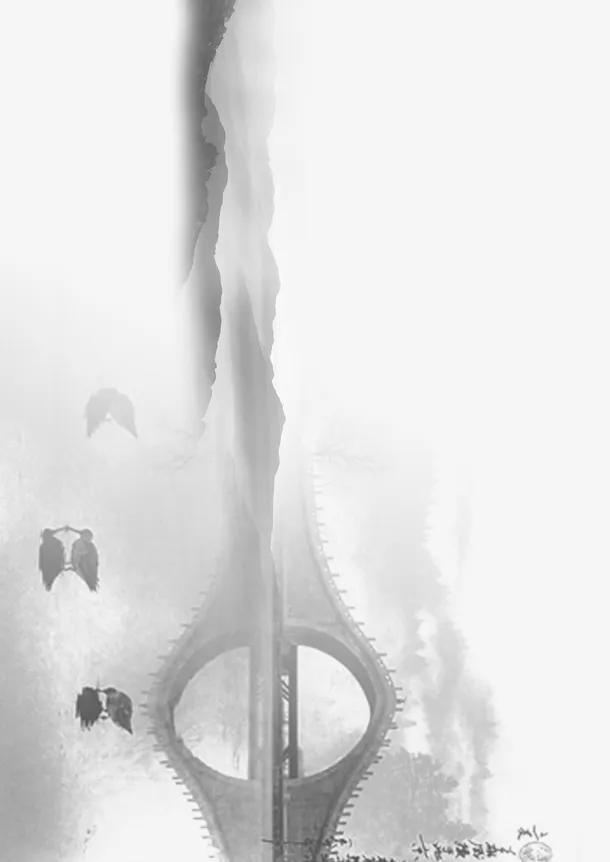 水墨桥上山体连绵免抠