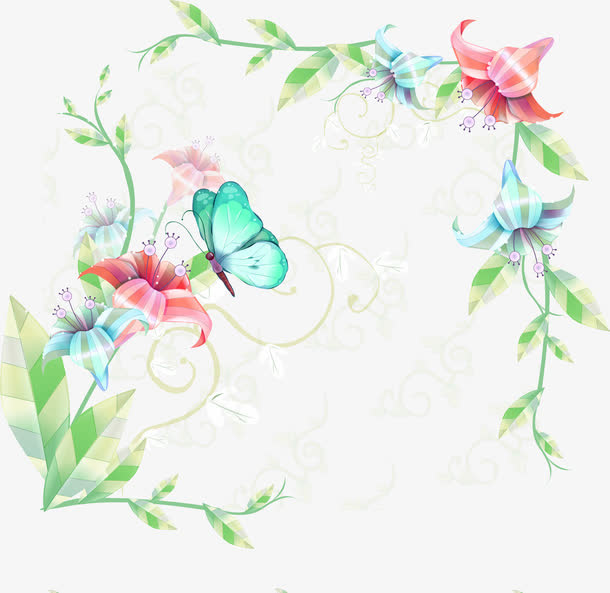 绿叶条花朵蝴蝶装饰边框免抠