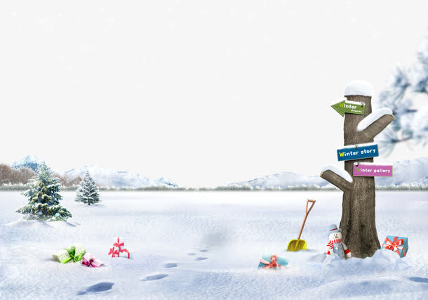 飘舞的雪花和路标免抠