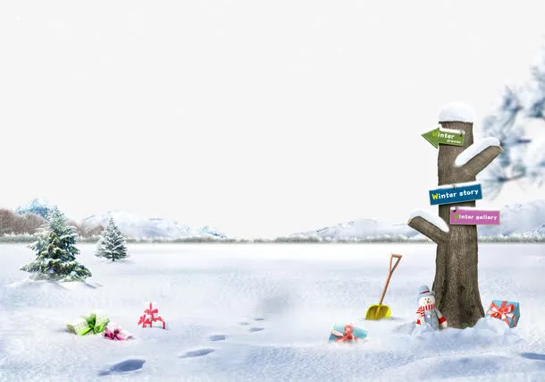 飘舞的雪花和路标免抠