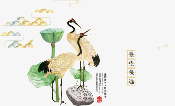 中国画仙鹤和莲蓬免抠