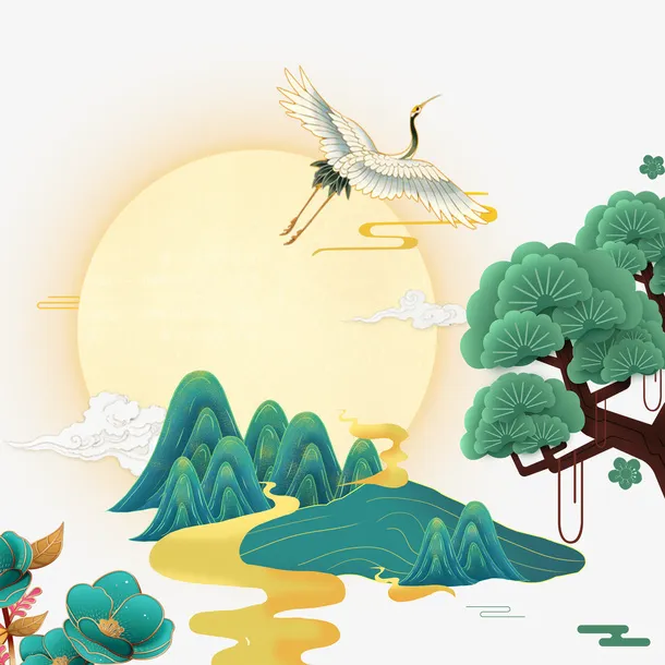 国潮手绘 古风建筑中国风风景节日元素免抠