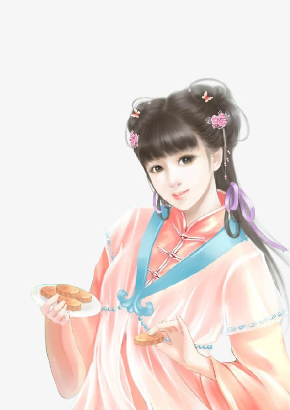 彩绘立绘拿着月饼女孩中秋节免抠