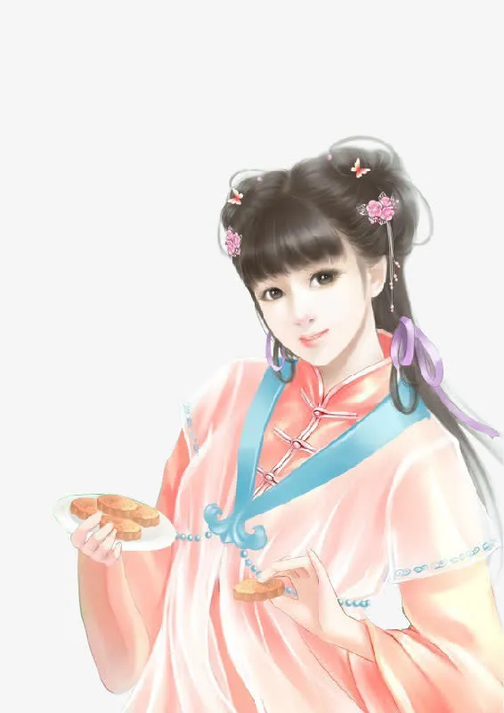 彩绘立绘拿着月饼女孩中秋节免抠