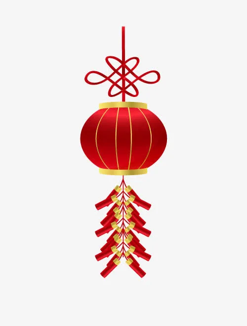 红色带鞭炮挂饰的灯笼免抠