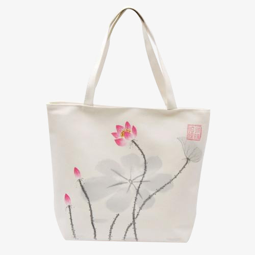 荷花白色帆布包免抠