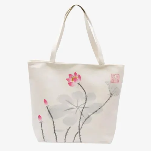 荷花白色帆布包免抠