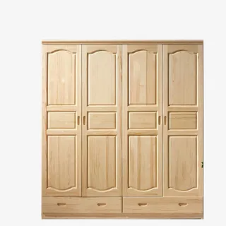 实木四门衣柜双抽屉免抠