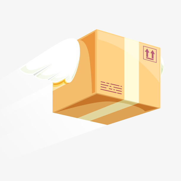 卡通戴翅膀飞行的包裹矢量图免抠