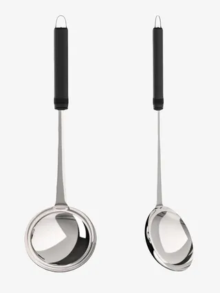 两个黑色塑料手柄的不锈钢汤勺实免抠