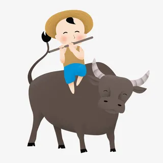 手绘卡通放牛娃插画免抠