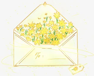 手绘装饰黄色鲜花信封素材免抠