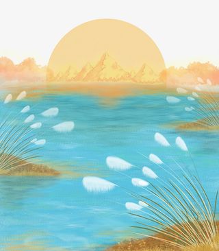 寒露秋分节气芦苇水面水波纹山元素免抠