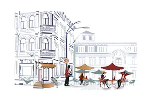 手绘街头咖啡厅浪漫小资背景素材高清