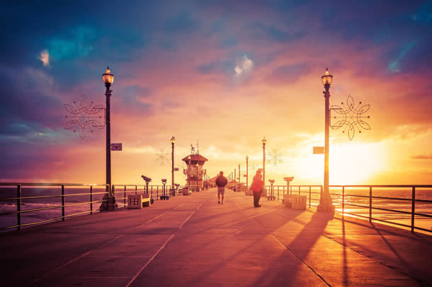 海边路灯夕阳紫色天空免抠背景卡通/手绘元素