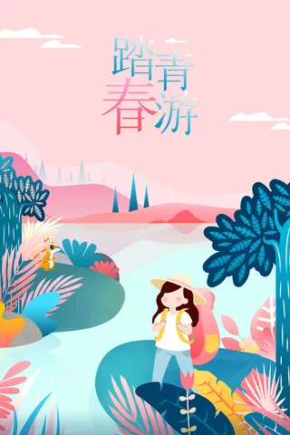 春季踏青海报背景图高清卡通手绘背景