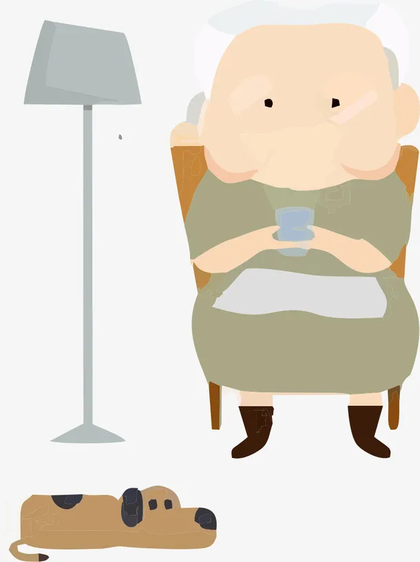 手绘老人织毛衣免抠