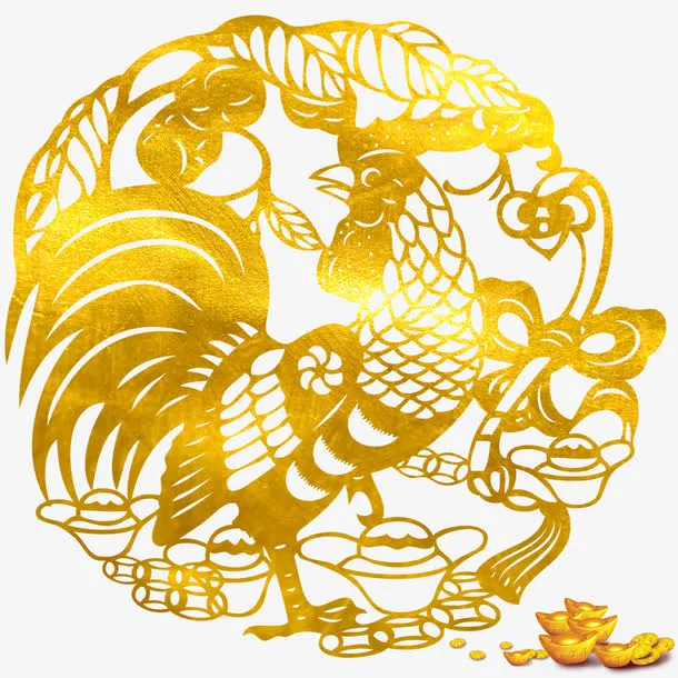 鸡年金色剪纸png素材免抠