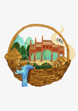 插画竹篮风光免抠